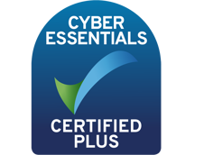 Cyber essentials certified plus logo, blue background with a blue and green tick